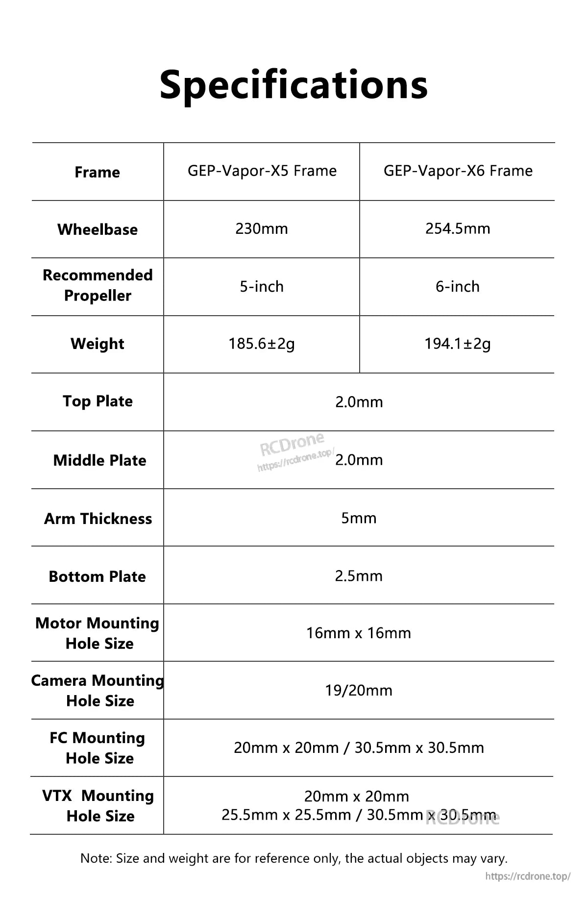 Specification table for the GEP-Vapor-X5 FPV frame listing 230mm wheelbase, 5-inch props, and mounting sizes.