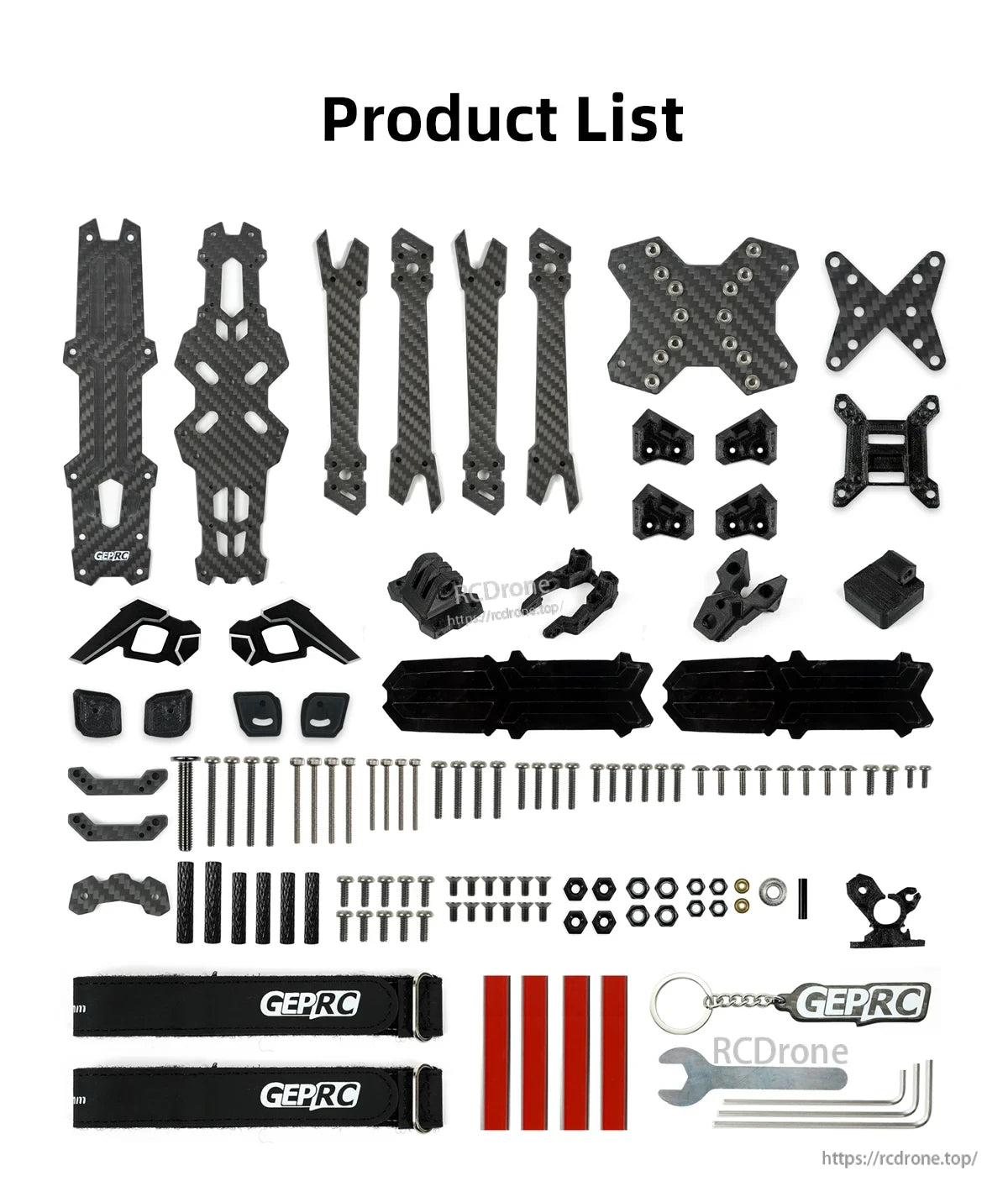 GEP-Vapor-X5 FPV frame kit parts laid out, including carbon fiber plates, arms, hardware screws, and battery straps