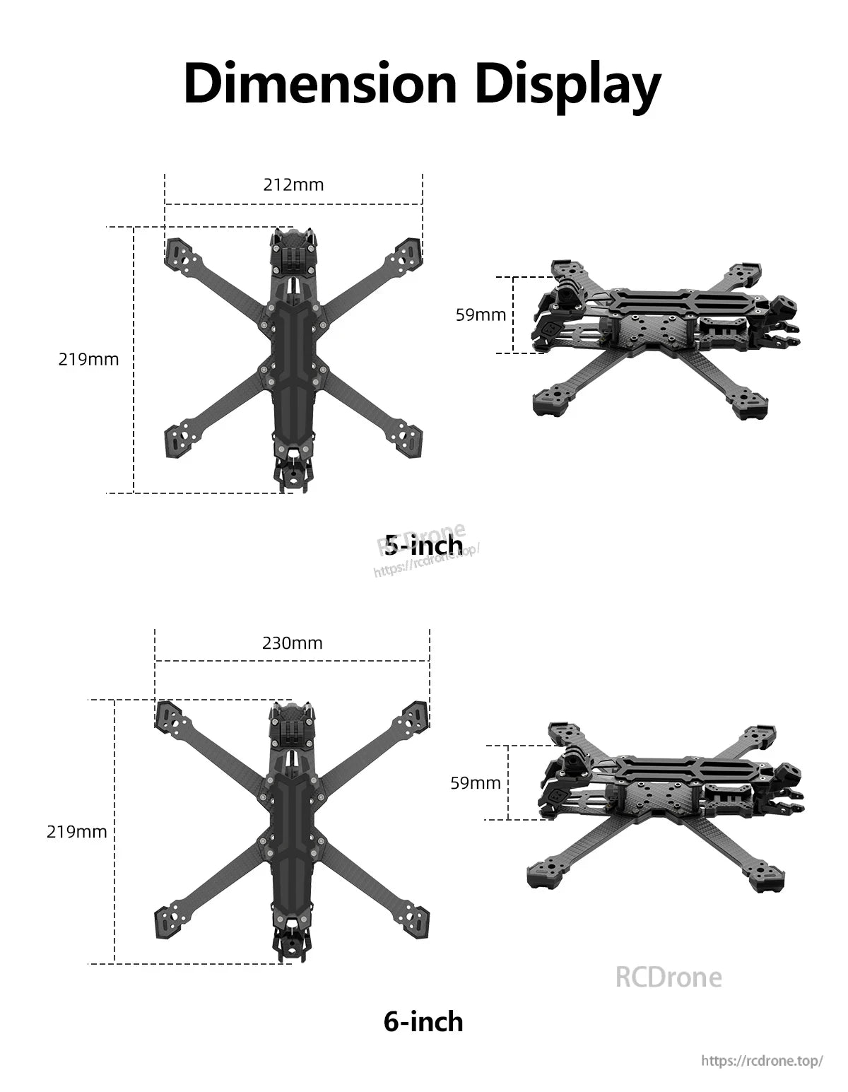 GEP-Vapor-X5 FPV Frame, GEP Vapor-X5 FPV frame dimension diagram with 5-inch (212×219mm) and 6-inch (230×219mm) layouts, 59mm height