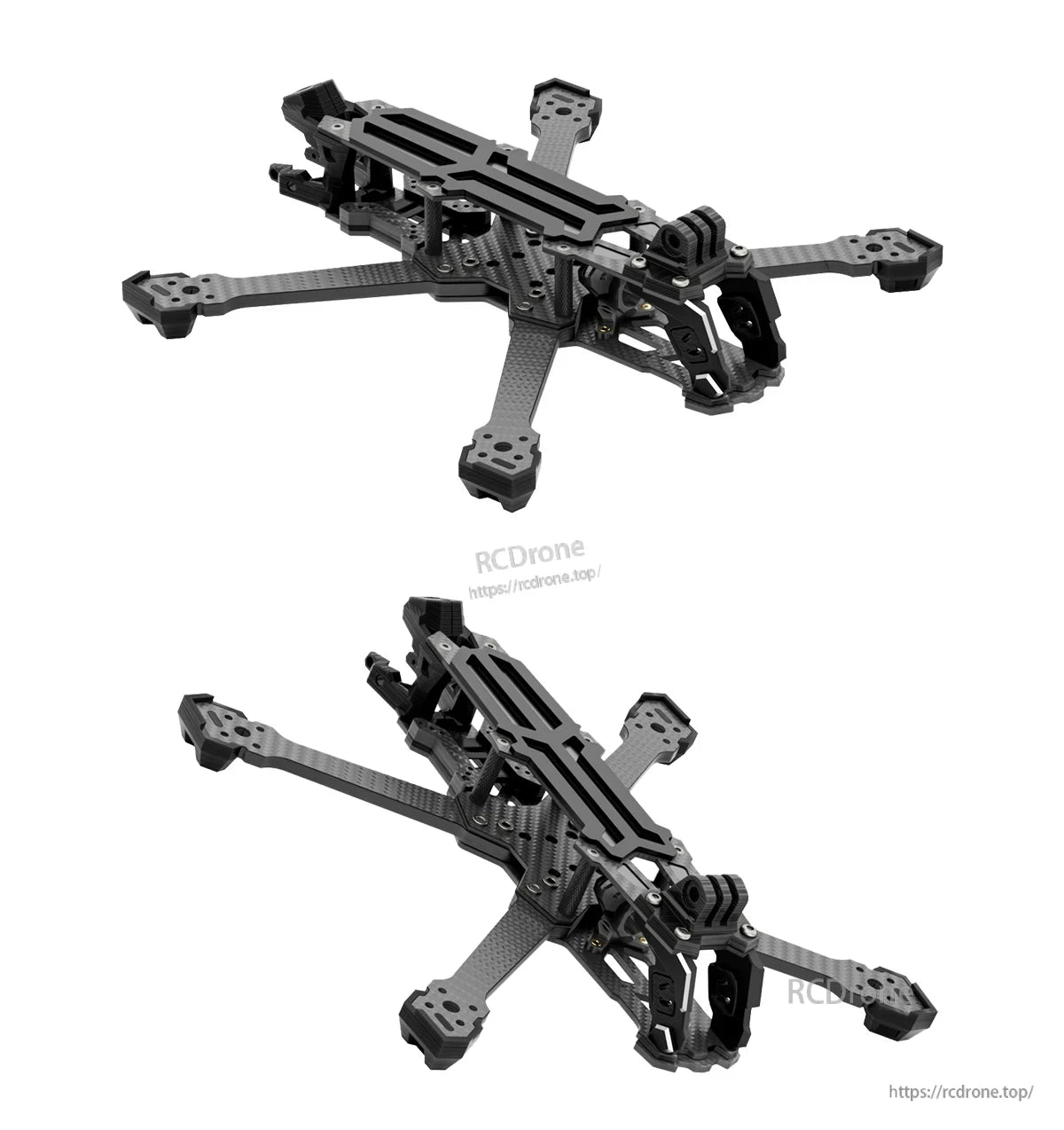 GEP-Vapor-X5 FPV Frame, GEP-Vapor-X5 FPV quadcopter frame kit in carbon fiber with four arms, top plate, and front camera mount