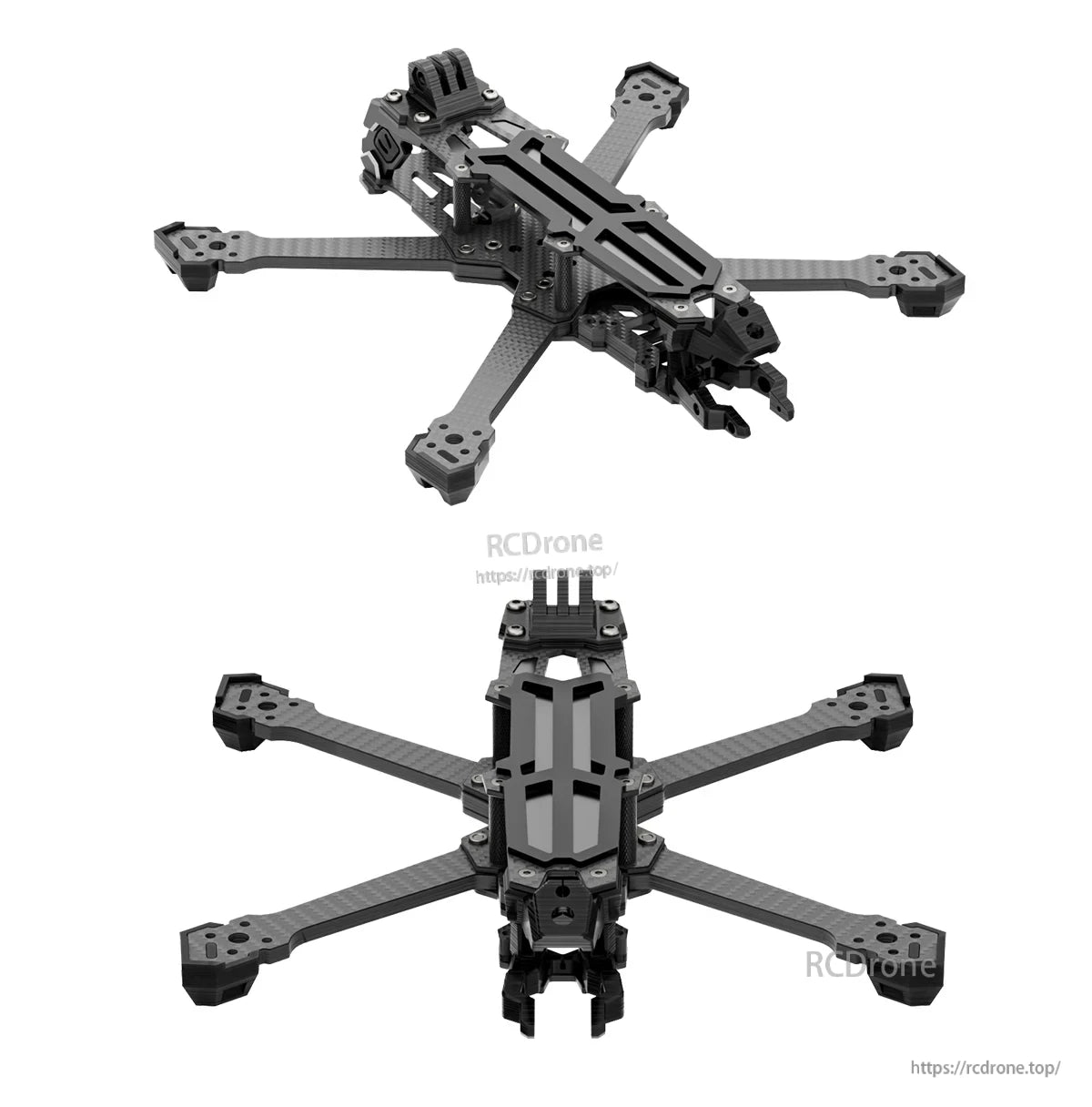 GEP-Vapor-X5 FPV Frame, GEP-Vapor-X5 carbon fiber FPV quadcopter frame with X arms, top plate, and front camera mount