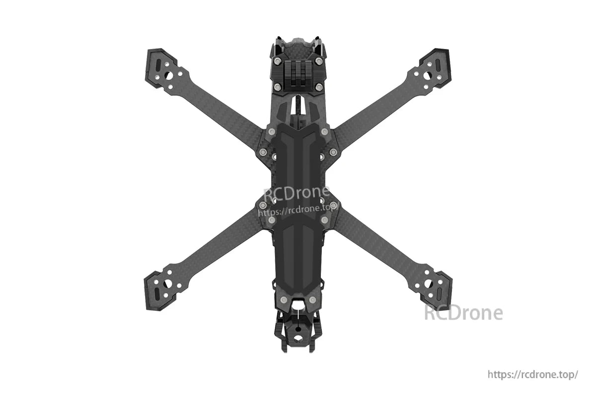 GEP-Vapor-X5 FPV Frame, Top view of GEP-Vapor-X5 carbon fiber FPV quadcopter frame with X-style arms and central body plate