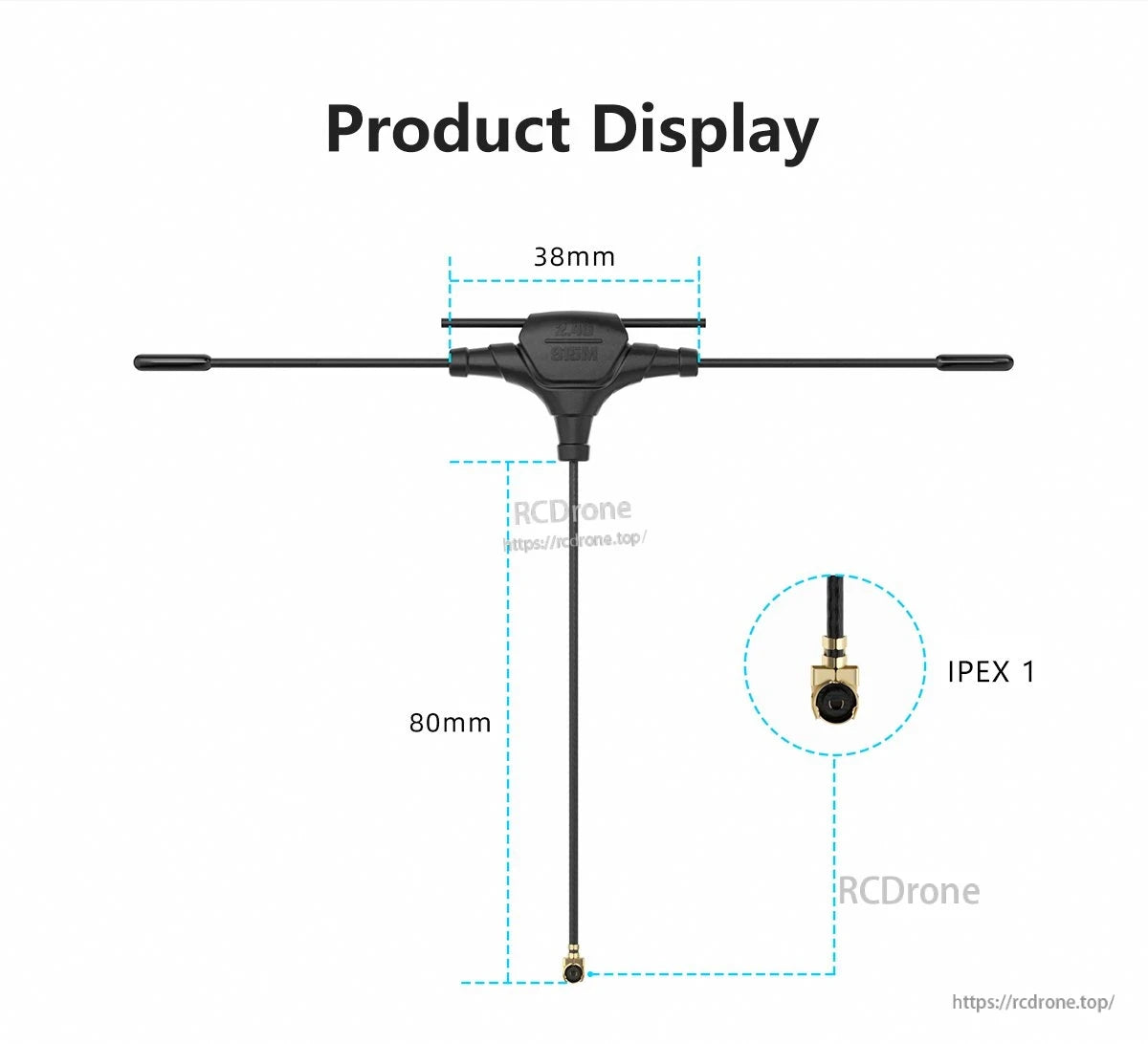 GEPRC 915M/2.4G dual-band T antenna with 38mm top span, 80mm lead, and IPEX1 connector