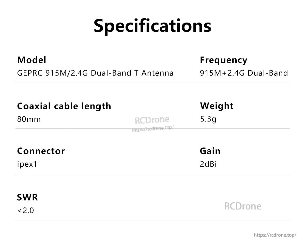 GEPRC 915M/2.4G dual-band T antenna specifications listing 80mm coax length, IPEX1 connector, 5.3g weight