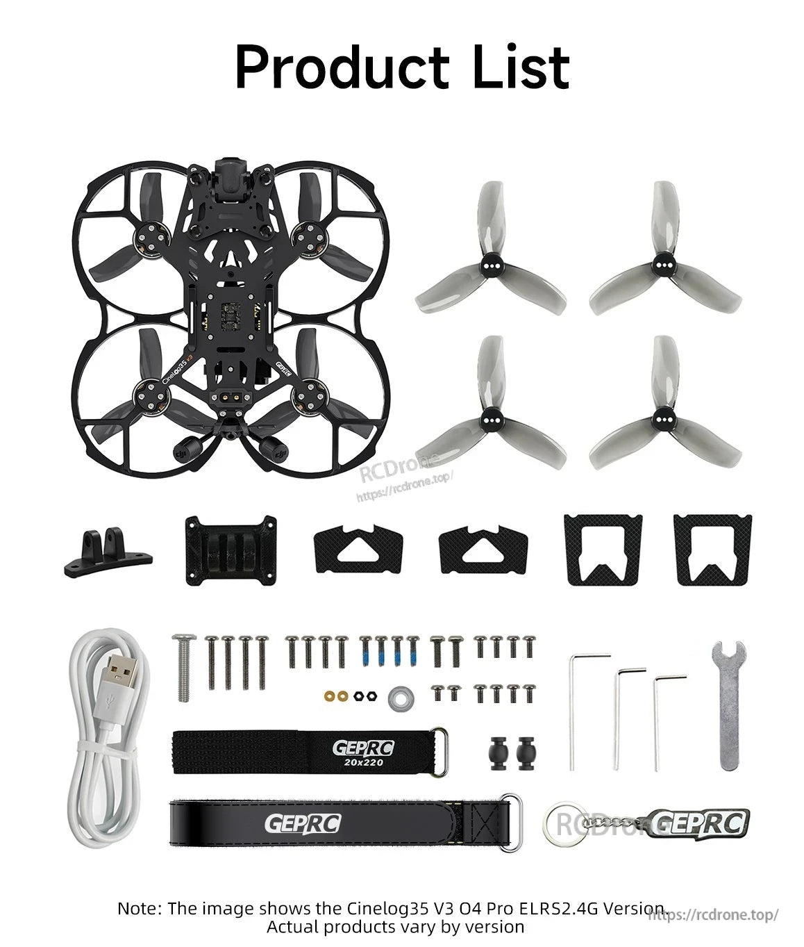 GEPRC CineLog35 V3 O4 Pro CineWhoop FPV, GEPRC CineLog35 V3 O4 Pro ELRS2.4G FPV drone kit includes frame, props, tools, and accessories; contents vary by version.