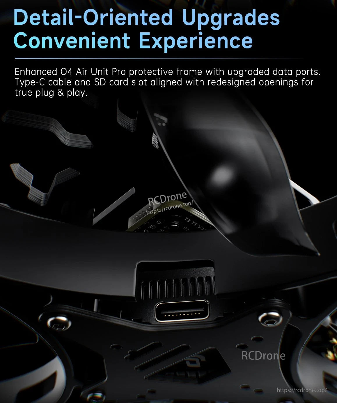 GEPRC CineLog35 V3 O4 Pro CineWhoop FPV, The O4 Air Unit Pro features upgraded ports, Type-C cable, and SD slot for easy plug-and-play use.