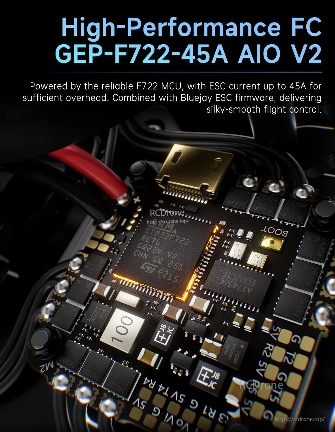 GEPRC CineLog35 V3 O4 Pro CineWhoop FPV, The FC GEP-F722-45A AIO V2 features an STM32F722 chip, 45A ESC support, and Bluejay firmware for smooth flight control.