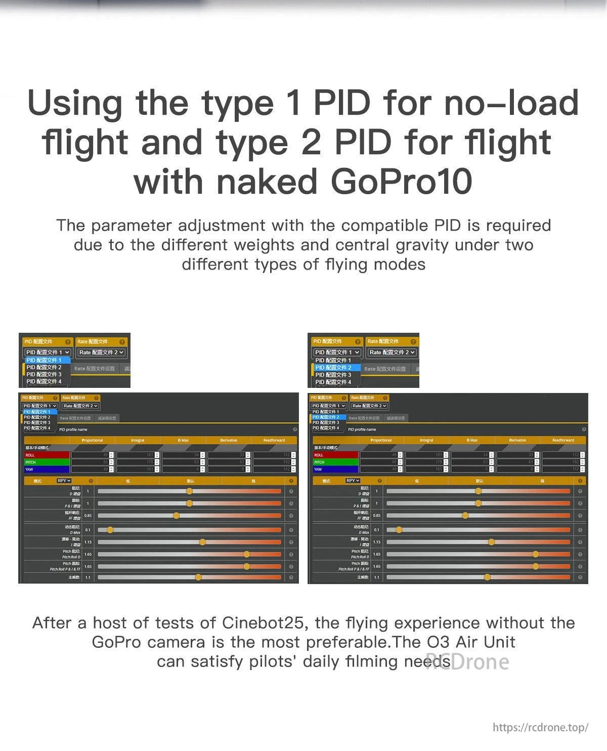 GEPRC Cinebot25 FPV Drone, Use Type 1 PID for no-load flights and Type 2 PID for GoPro flights on GEPRC Cinebot. Adjust parameters for weight changes; flying without GoPro is best, while O3 Air Unit suits daily filming.