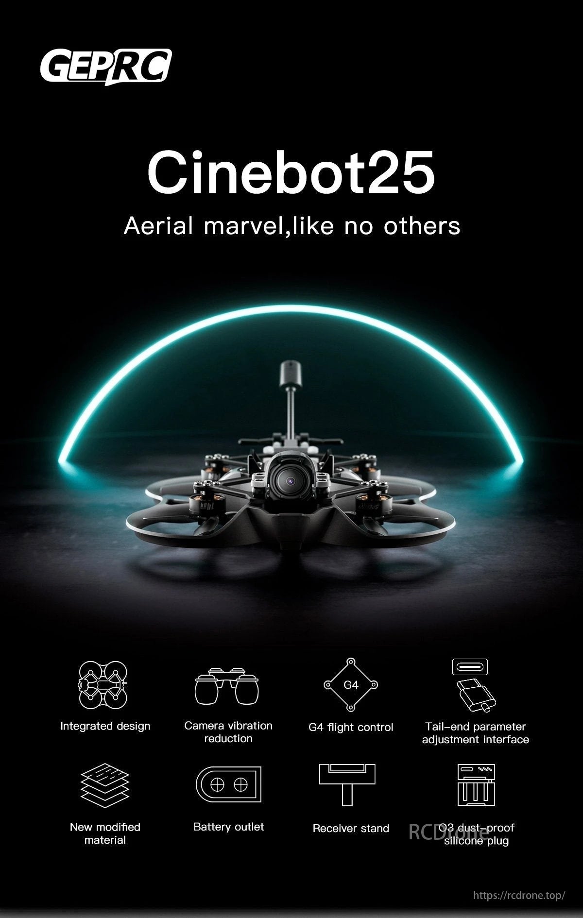 GEPRC Cinebot25 FPV Drone, GEPRC Cinebot25 features integrated design, camera stabilization, G4 flight control, and multiple functions for improved performance.