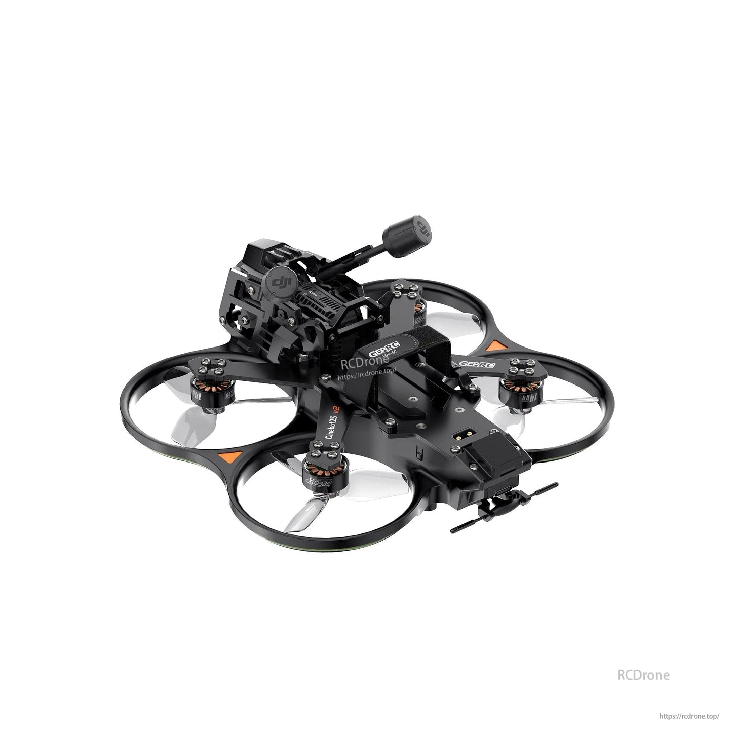 GEPRC Cinebot25 V2 O4 Pro FPV, GEPRC Cinebot25 V2 cinewhoop FPV drone with ducted prop guards, four motors, and top-mounted camera cage