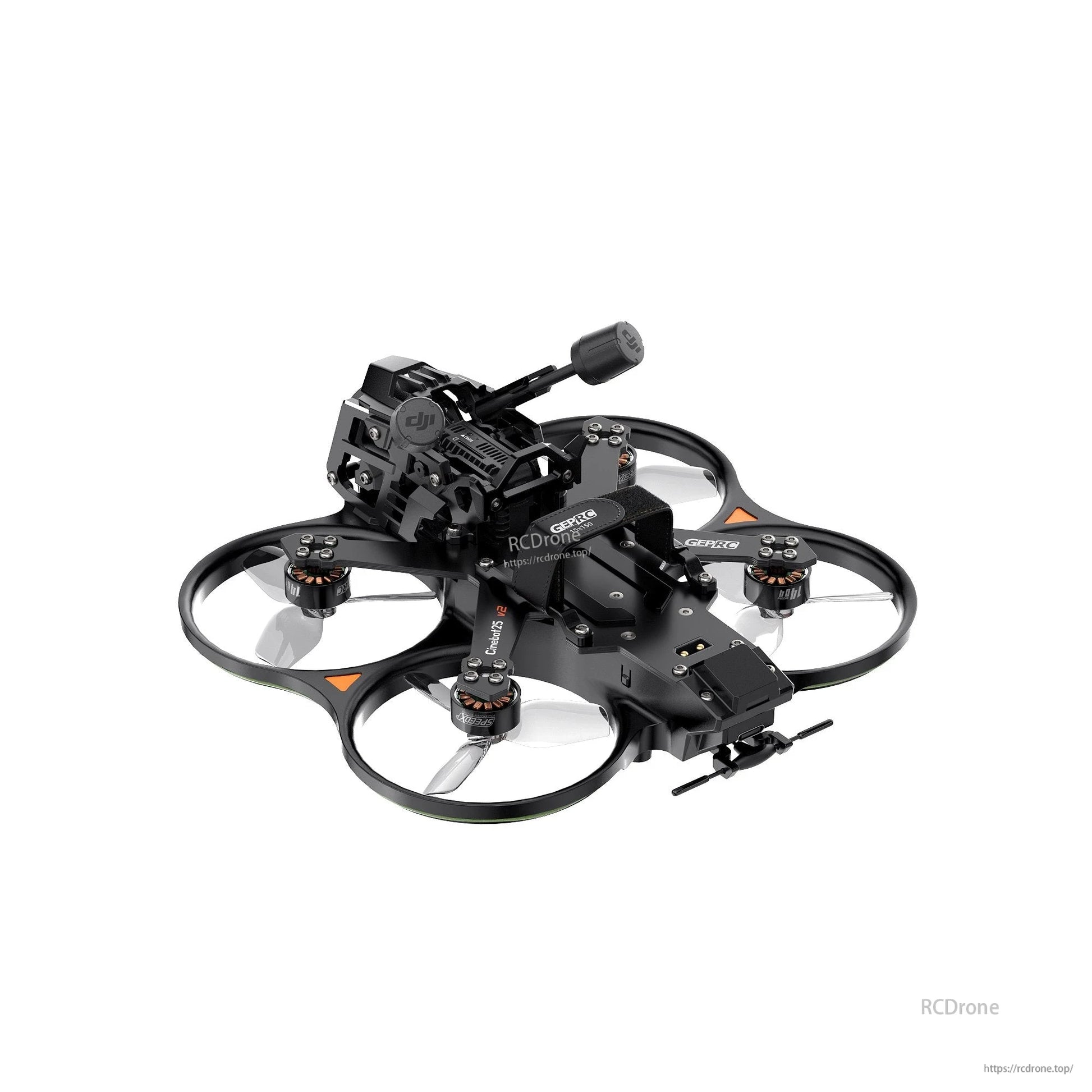 GEPRC Cinebot25 V2 O4 Pro FPV, GEPRC Cinebot25 V2 cinewhoop FPV drone with ducted prop guards, four motors, and top-mounted camera cage