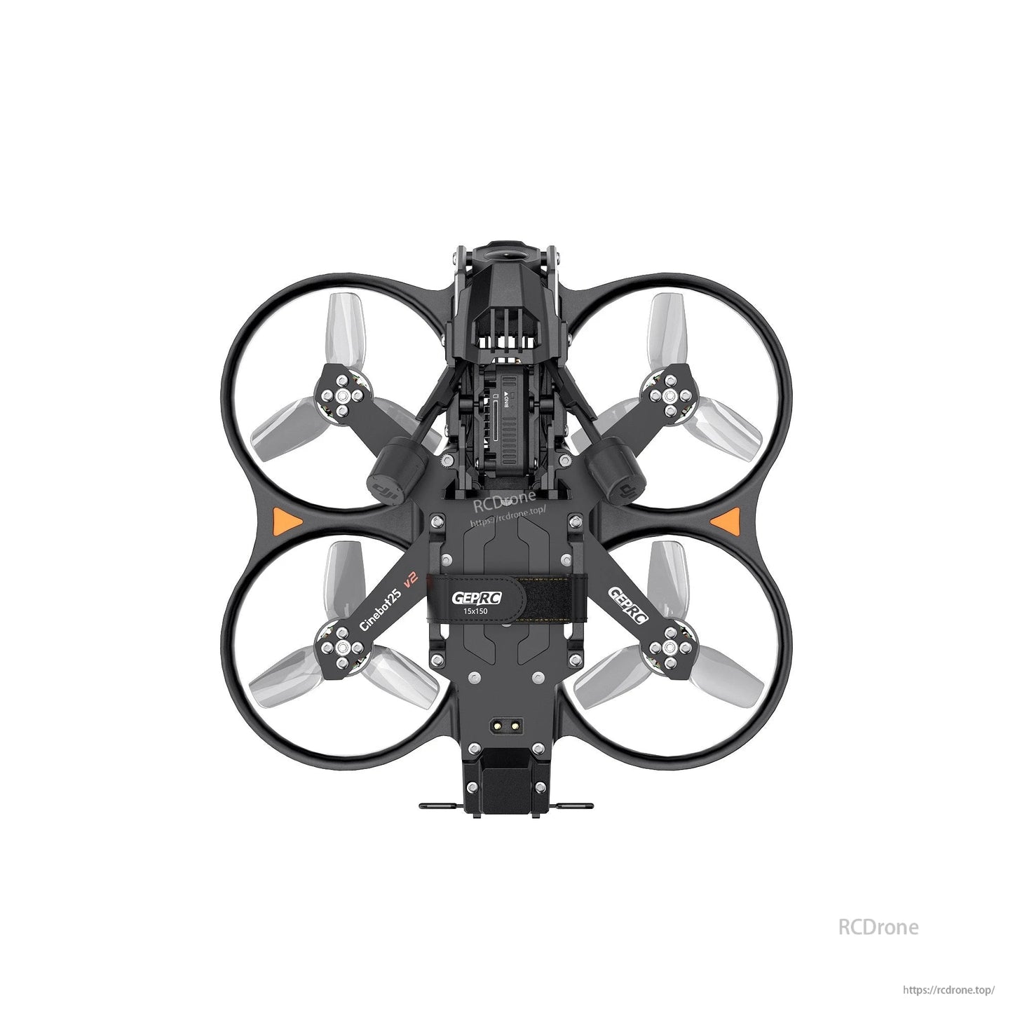 GEPRC Cinebot25 V2 O4 Pro FPV, Top view of GEPRC Cinebot25 V2 cinewhoop FPV drone with four ducted prop guards and battery strap