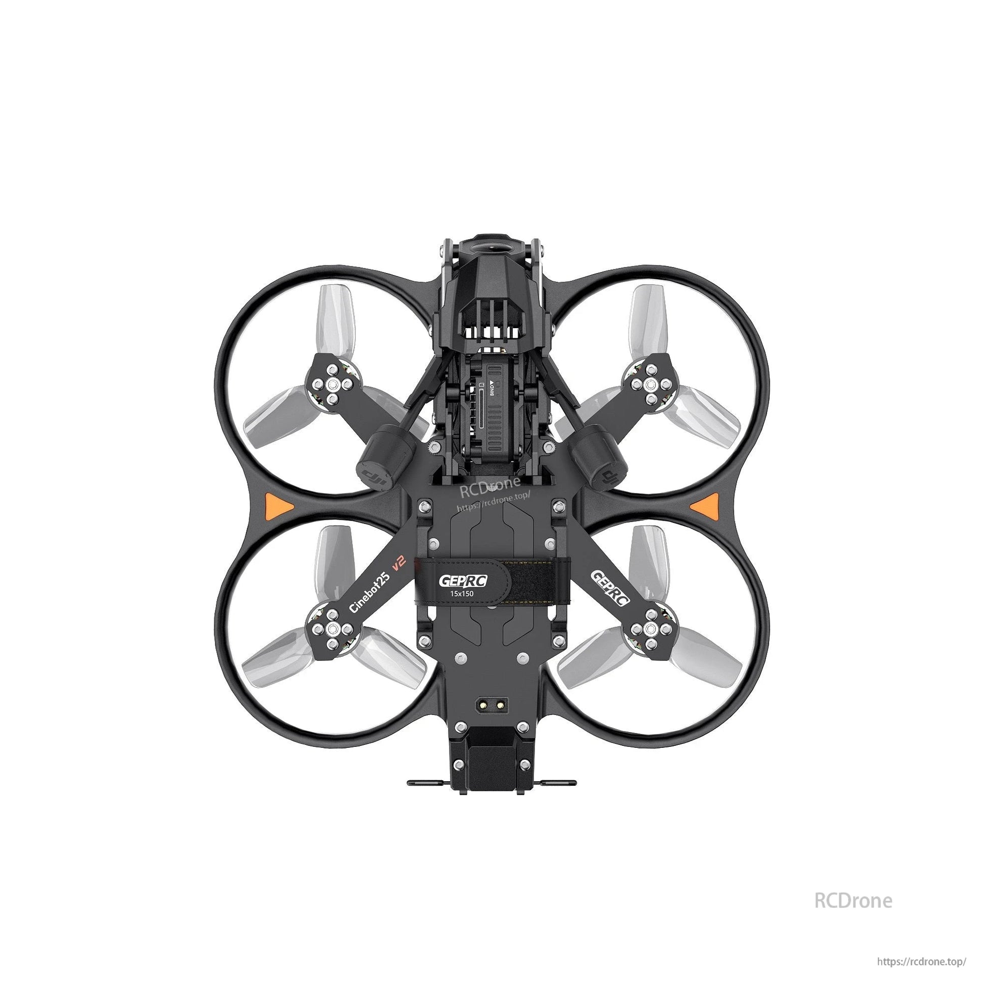 GEPRC Cinebot25 V2 O4 Pro FPV, Top view of GEPRC Cinebot25 V2 cinewhoop FPV drone with four ducted prop guards and battery strap