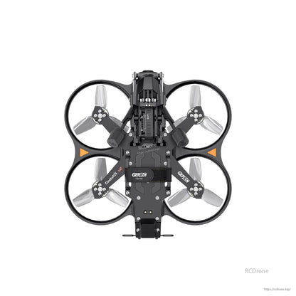 GEPRC Cinebot25 V2 O4 Pro FPV, Top view of GEPRC Cinebot25 V2 cinewhoop FPV drone with four ducted prop guards and battery strap
