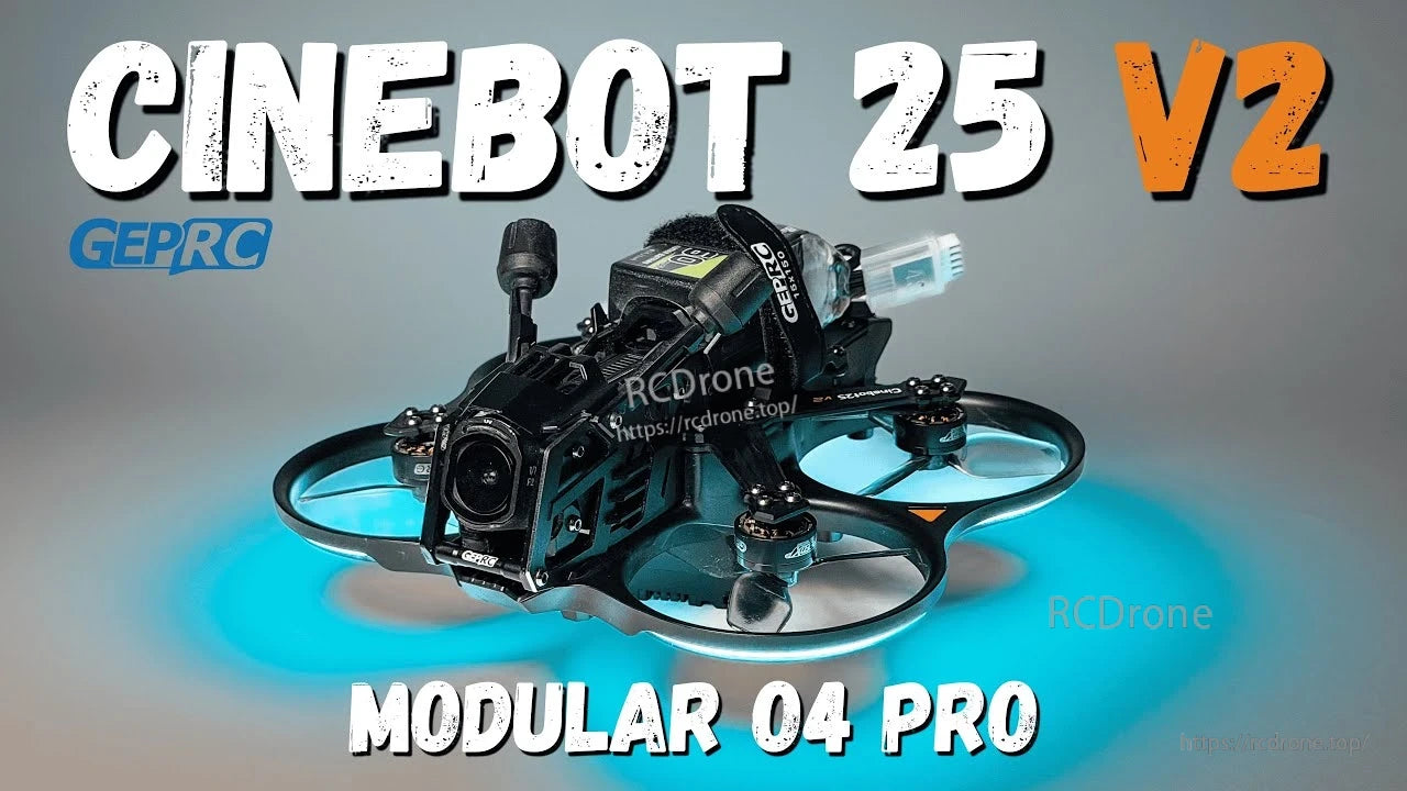 GEPRC Cinebot25 V2 O4 Pro FPV, GEPRC Cinebot25 V2 cinewhoop FPV drone with ducted prop guards, front camera, and top battery strap