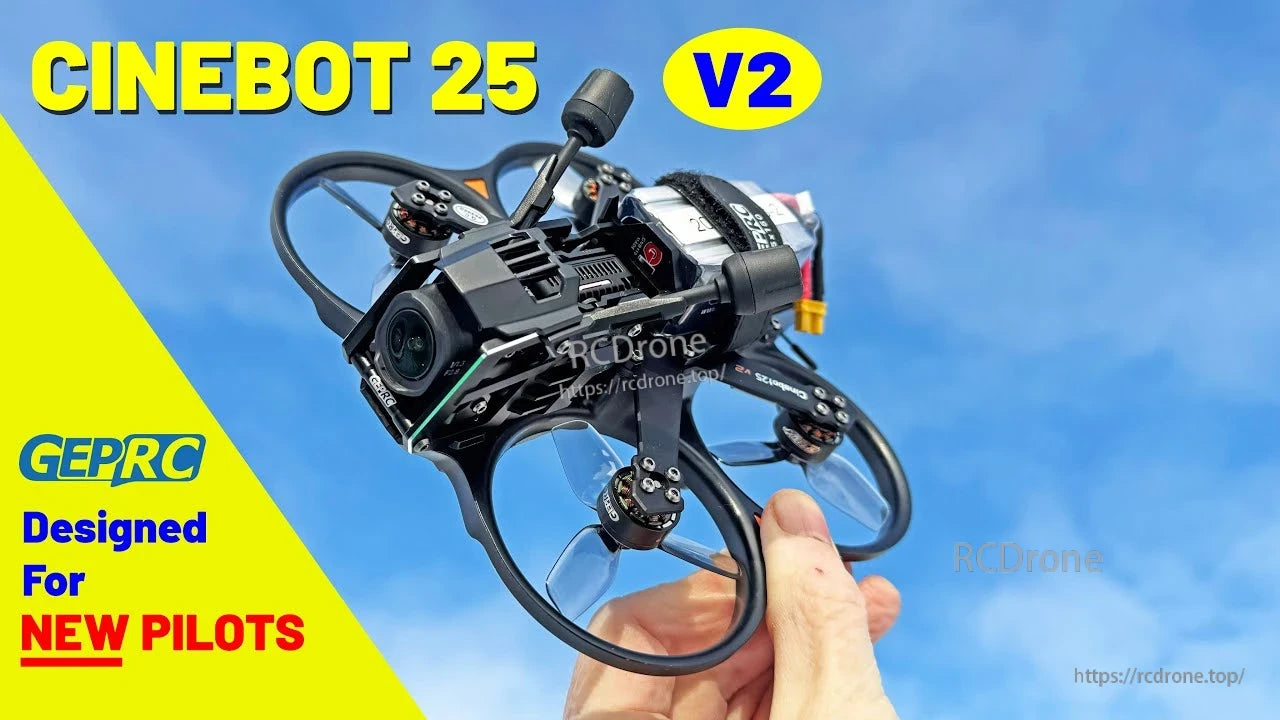 GEPRC Cinebot25 V2 O4 Pro FPV, GEPRC Cinebot25 V2 Cinewhoop FPV drone with ducted prop guards, front camera module, and antenna