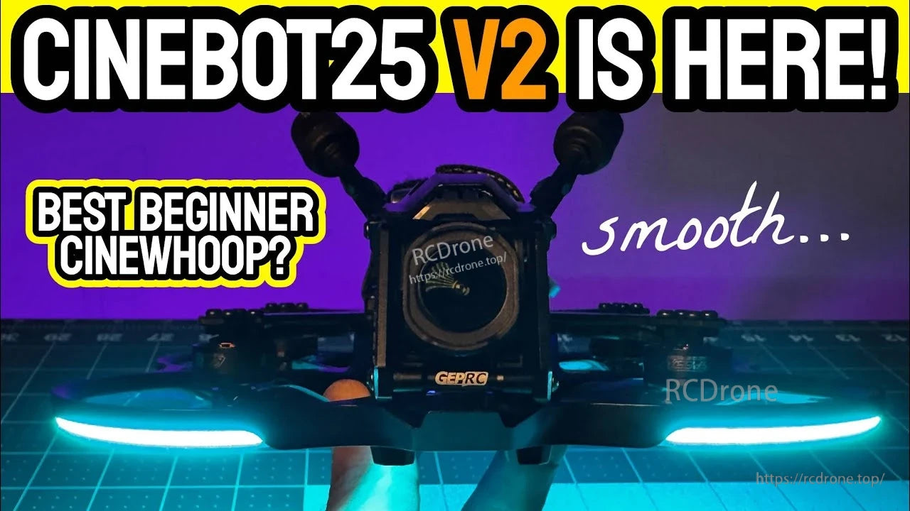 GEPRC Cinebot25 V2 O4 Pro FPV, Front view of GEPRC Cinebot25 V2 cinewhoop FPV drone with ducted frame, FPV camera, and LED light strips