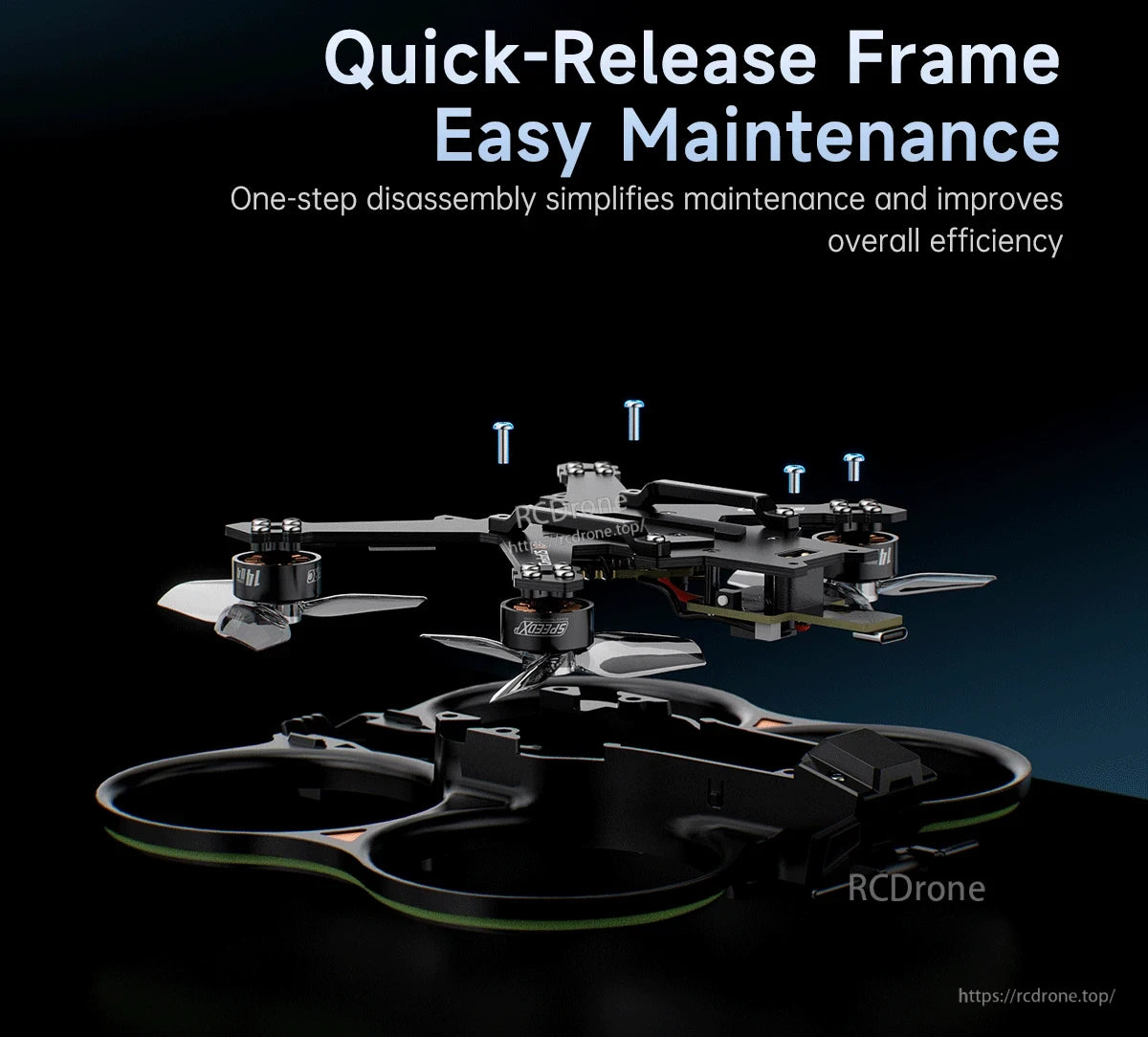 GEPRC Cinebot25 V2 O4 Pro FPV, Exploded view of GEPRC Cinebot25 V2 cinewhoop drone frame with quick-release top plate and mounting screws
