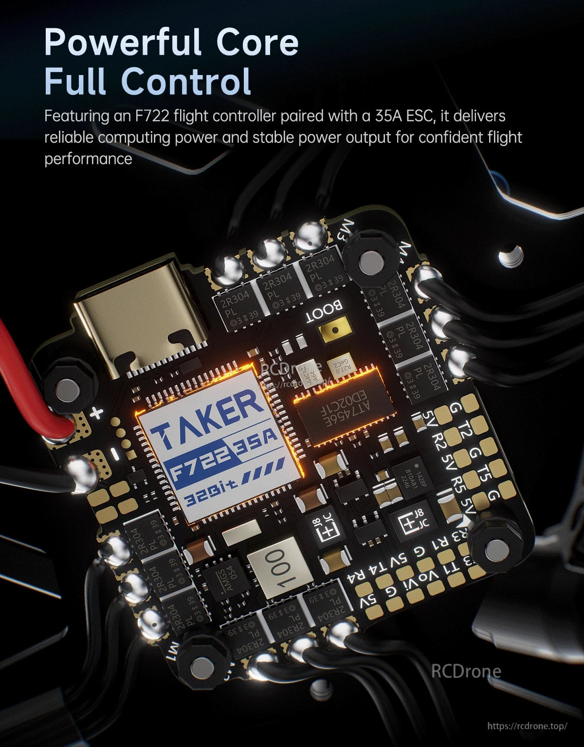 GEPRC Cinebot25 V2 O4 Pro FPV, Close-up of TAKER F722 35A 32-bit flight controller/ESC stack with USB-C port and labeled solder pads.
