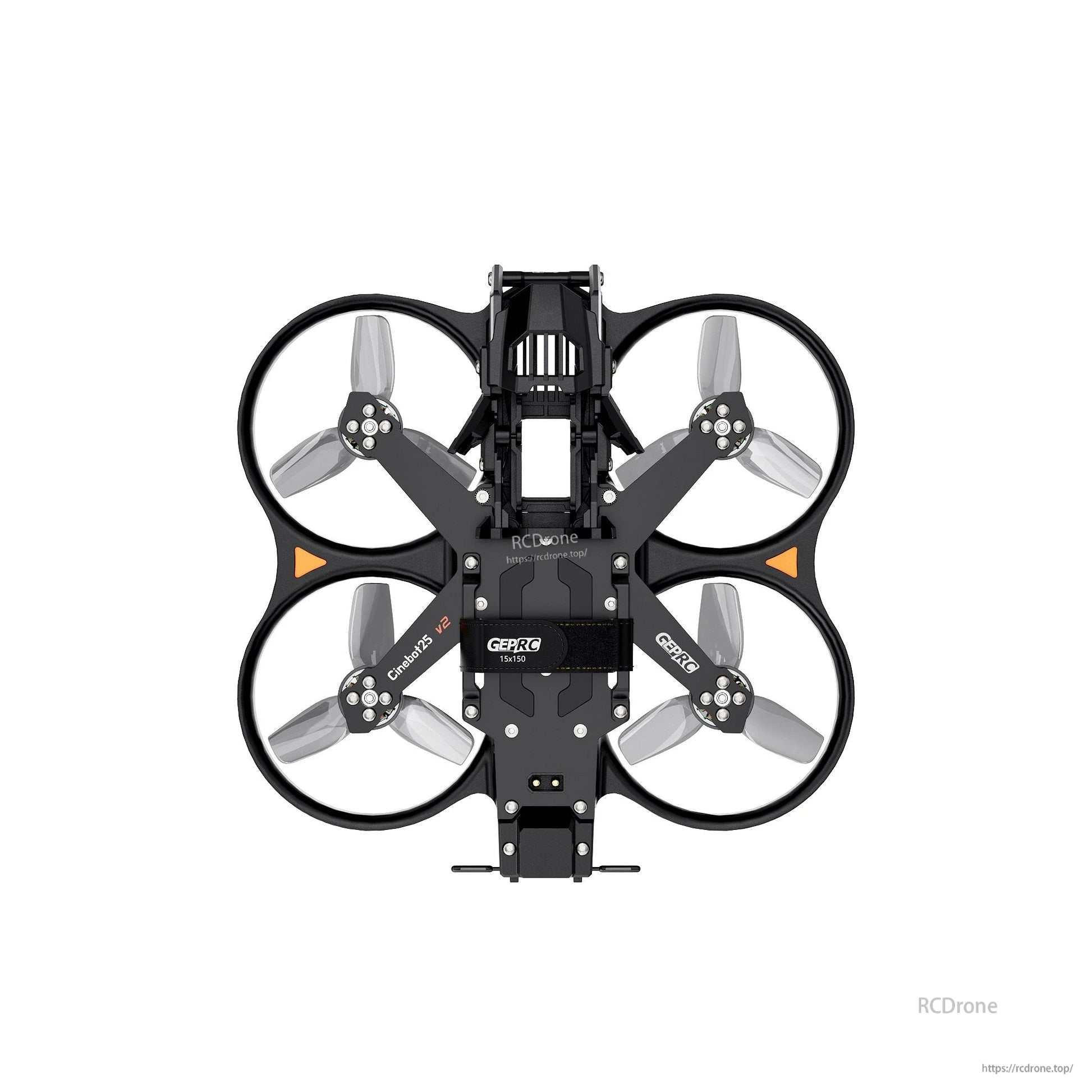 GEPRC Cinebot25 V2 WTFPV, Top-down view of the GEPRC Cinebot25 V2 cinewhoop drone frame with four ducted prop guards and battery strap