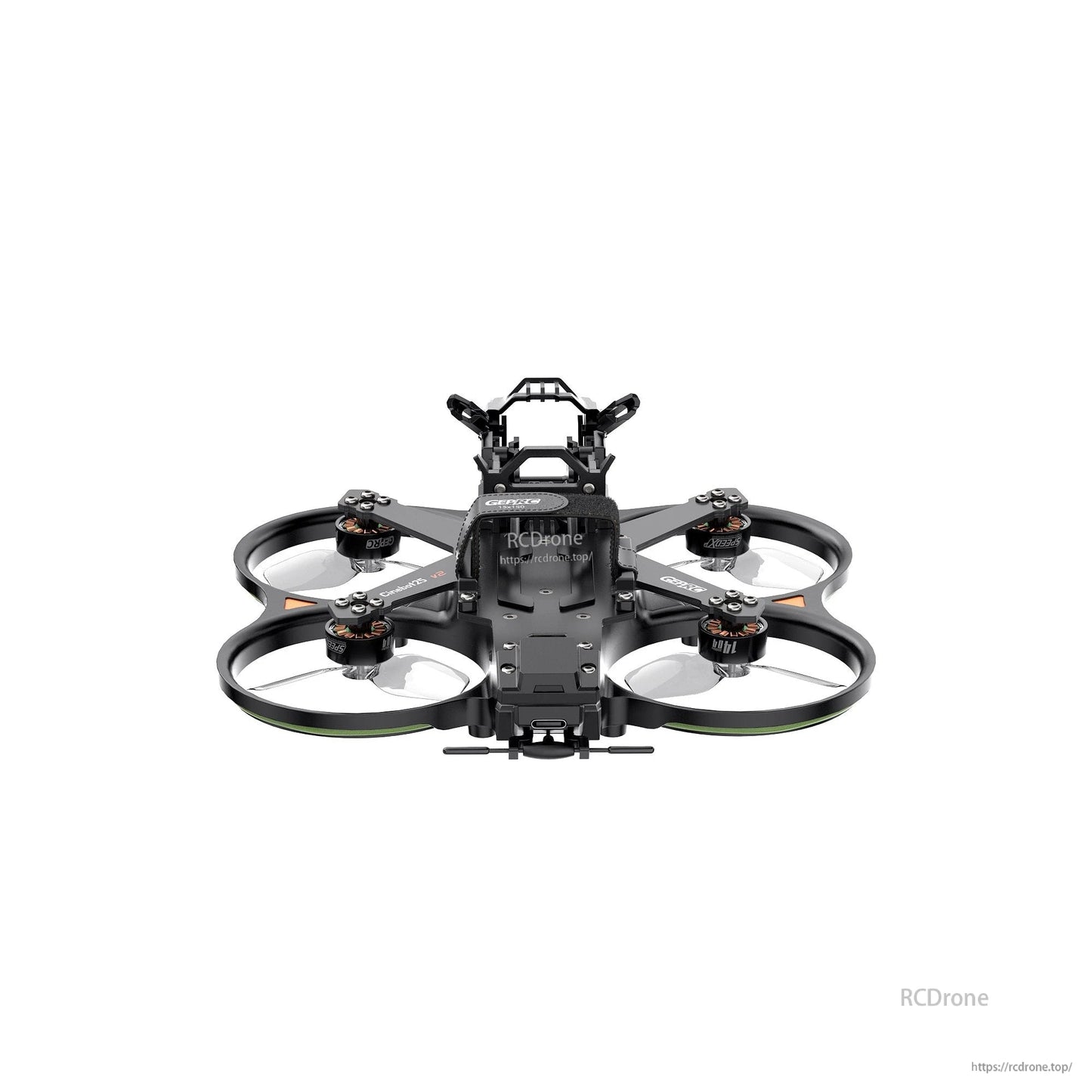 GEPRC Cinebot25 V2 WTFPV, GEPRC Cinebot25 V2 cinewhoop FPV drone frame with ducted prop guards, four motors, and top mounting plate