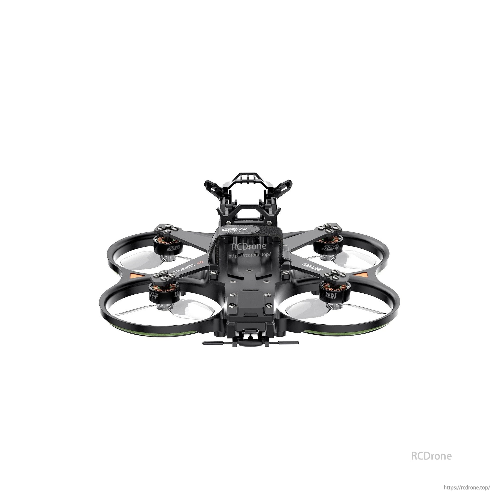 GEPRC Cinebot25 V2 WTFPV, GEPRC Cinebot25 V2 cinewhoop FPV drone frame with ducted prop guards, four motors, and top mounting plate