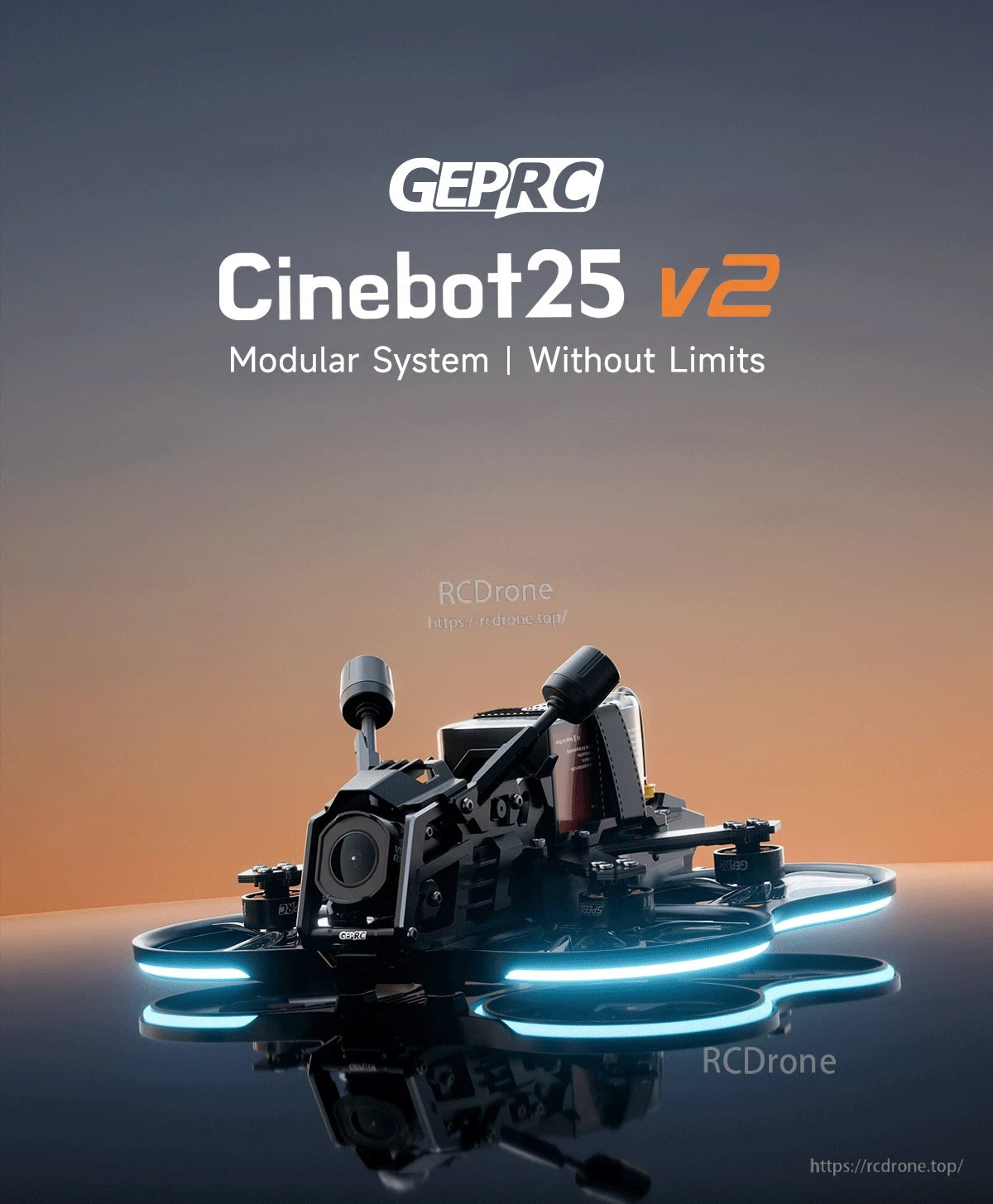 GEPRC Cinebot25 V2 WTFPV, GEPRC Cinebot25 V2 FPV cinewhoop drone with ducted prop guards, front camera mount, and twin antennas