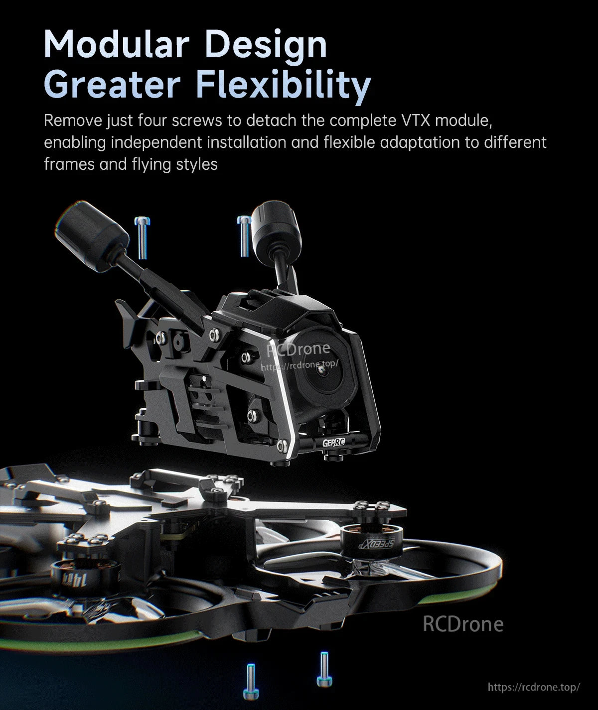 GEPRC Cinebot25 V2 WTFPV, GEPRC Cinebot25 V2 cinewhoop drone with removable VTX module secured by four screws and a front camera mount