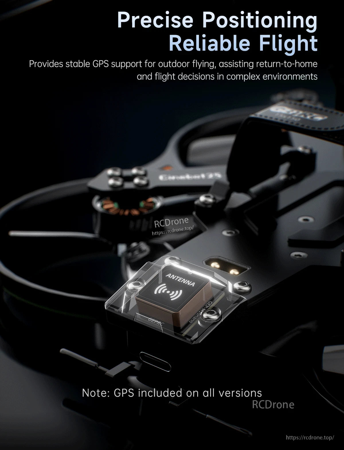 GEPRC Cinebot25 V2 WTFPV, Close-up of GEPRC Cinebot25 V2 drone with integrated GPS antenna module mounted on the top plate