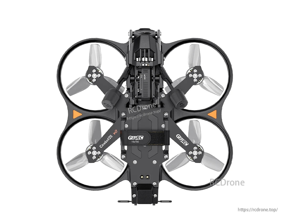 GEPRC Cinebot25 V2 WTFPV, Top view of GEPRC Cinebot25 V2 cinewhoop quadcopter with ducted prop guards, four props, and center battery strap