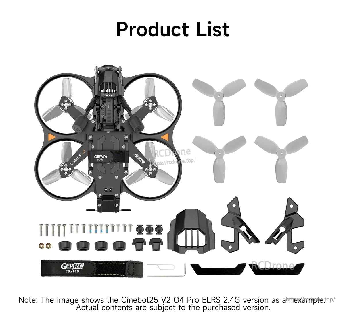 GEPRC Cinebot25 V2 WTFPV, GEPRC Cinebot25 V2 ducted cinewhoop quad with spare tri-blade propellers, mounting brackets, screws, and strap