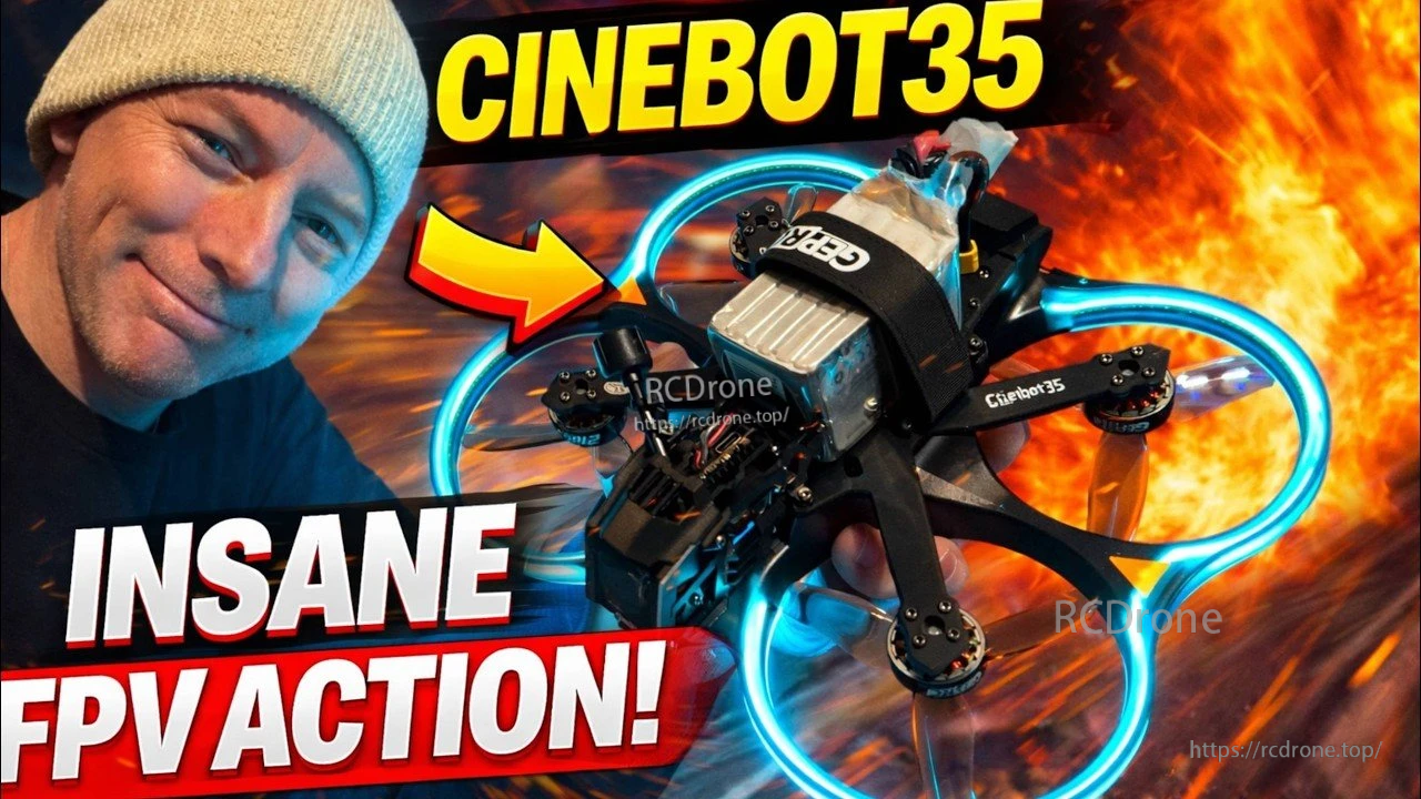 Promotional artwork of a GEPRC Cinebot35 ducted FPV quadcopter in an FPV action scene