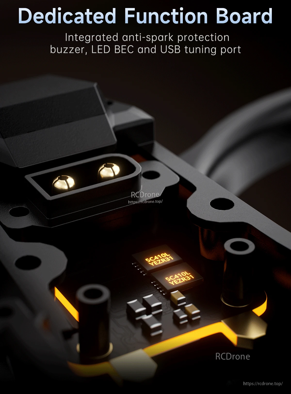 Integrated function board with anti-spark connector, buzzer circuitry, LED BEC, and USB tuning port