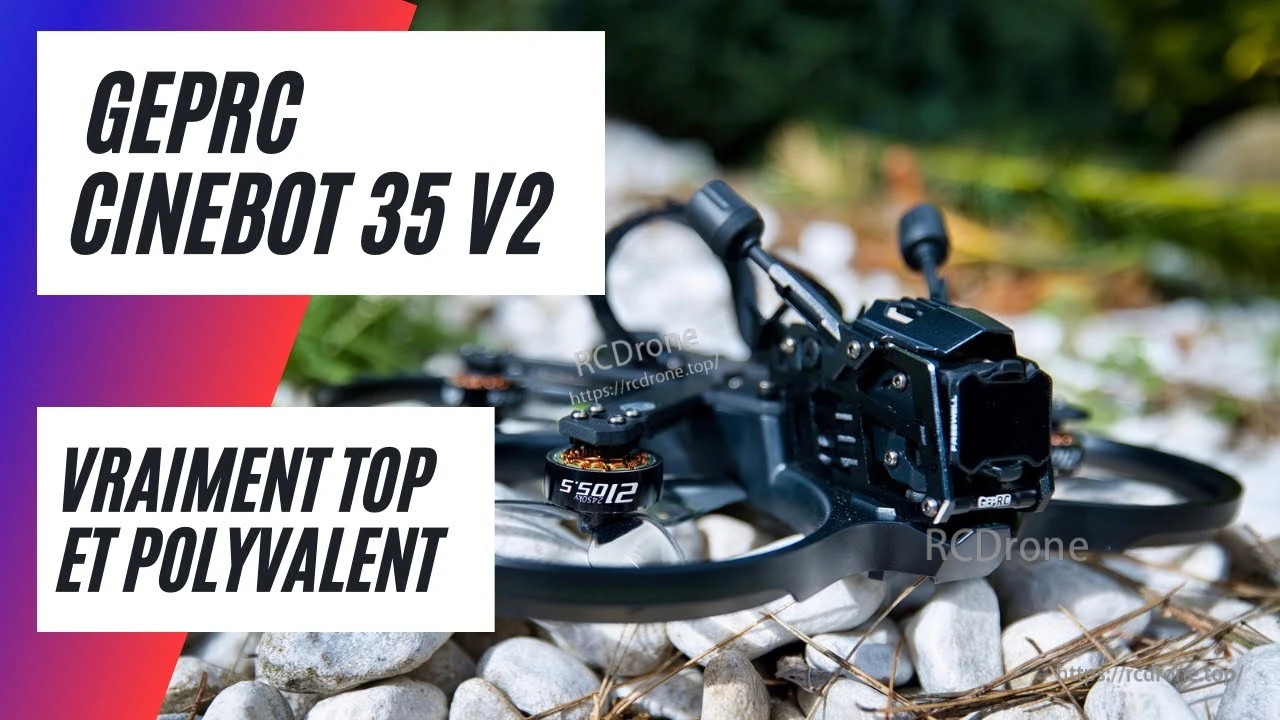 GEPRC Cinebot35 V2 ducted FPV quadcopter resting on rocks outdoors