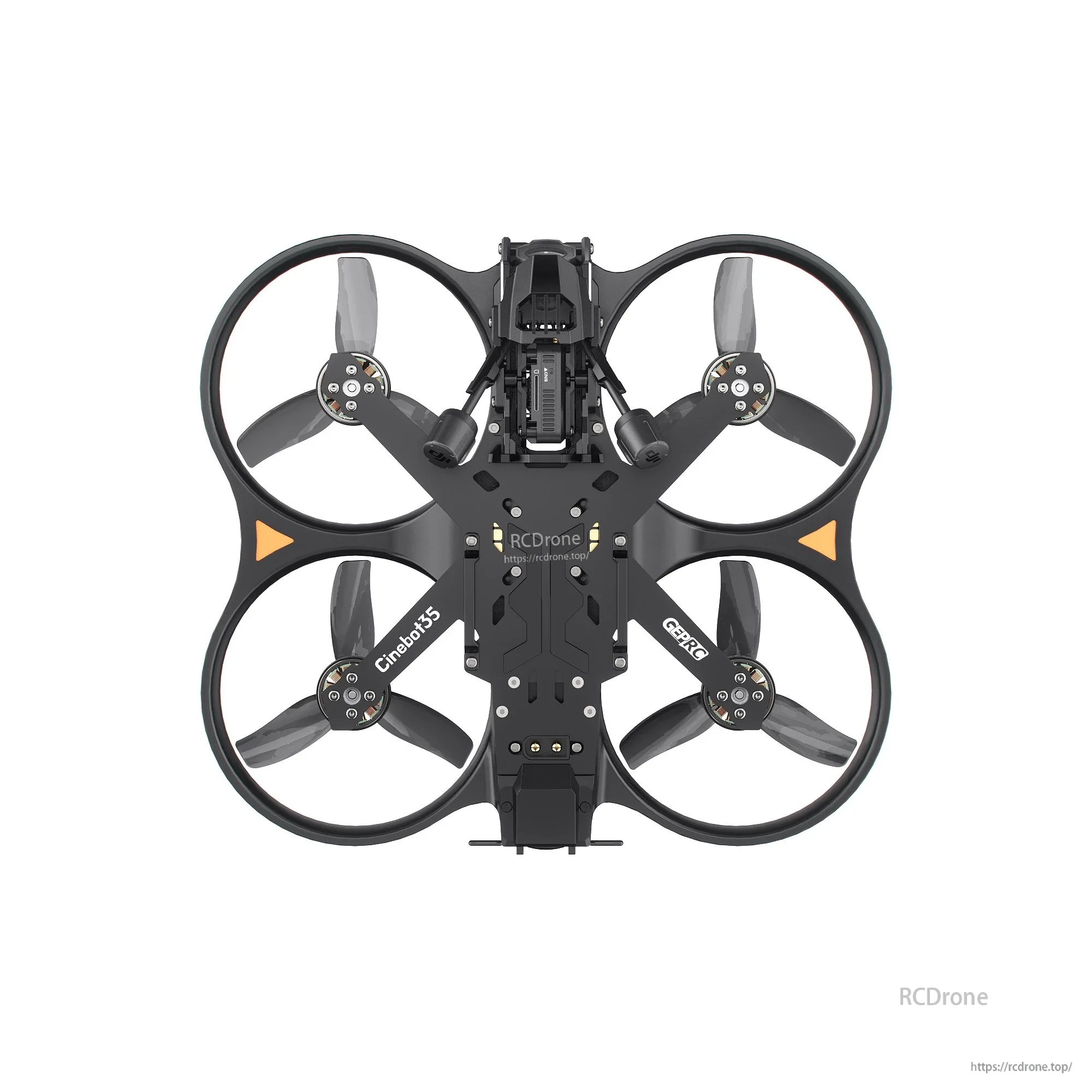GEPRC Cinebot35 O4 Pro ducted FPV quadcopter with four prop guards, top-mounted electronics and camera mount