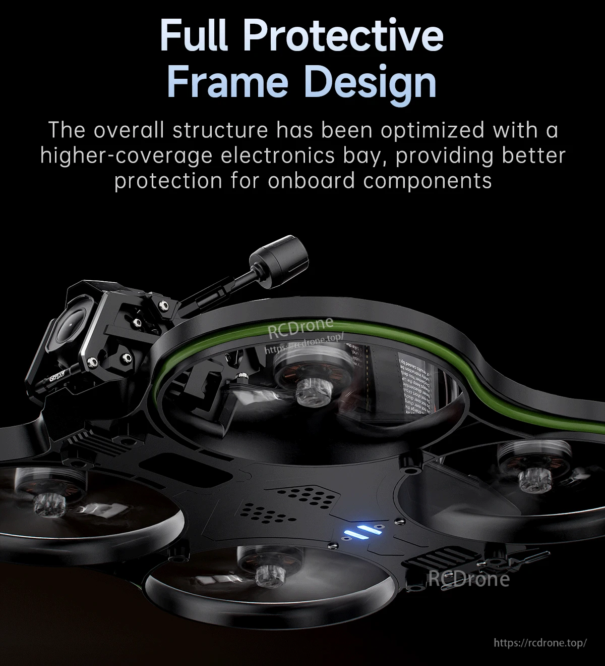 GEPRC Cinebot35 O4 Pro underside showing enclosed propeller ducts and high-coverage electronics bay