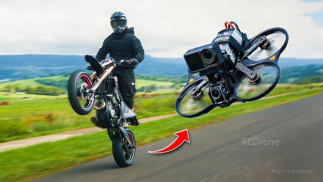 Promotional composite of a ducted Cinebot35 FPV drone flying beside a motorcycle rider