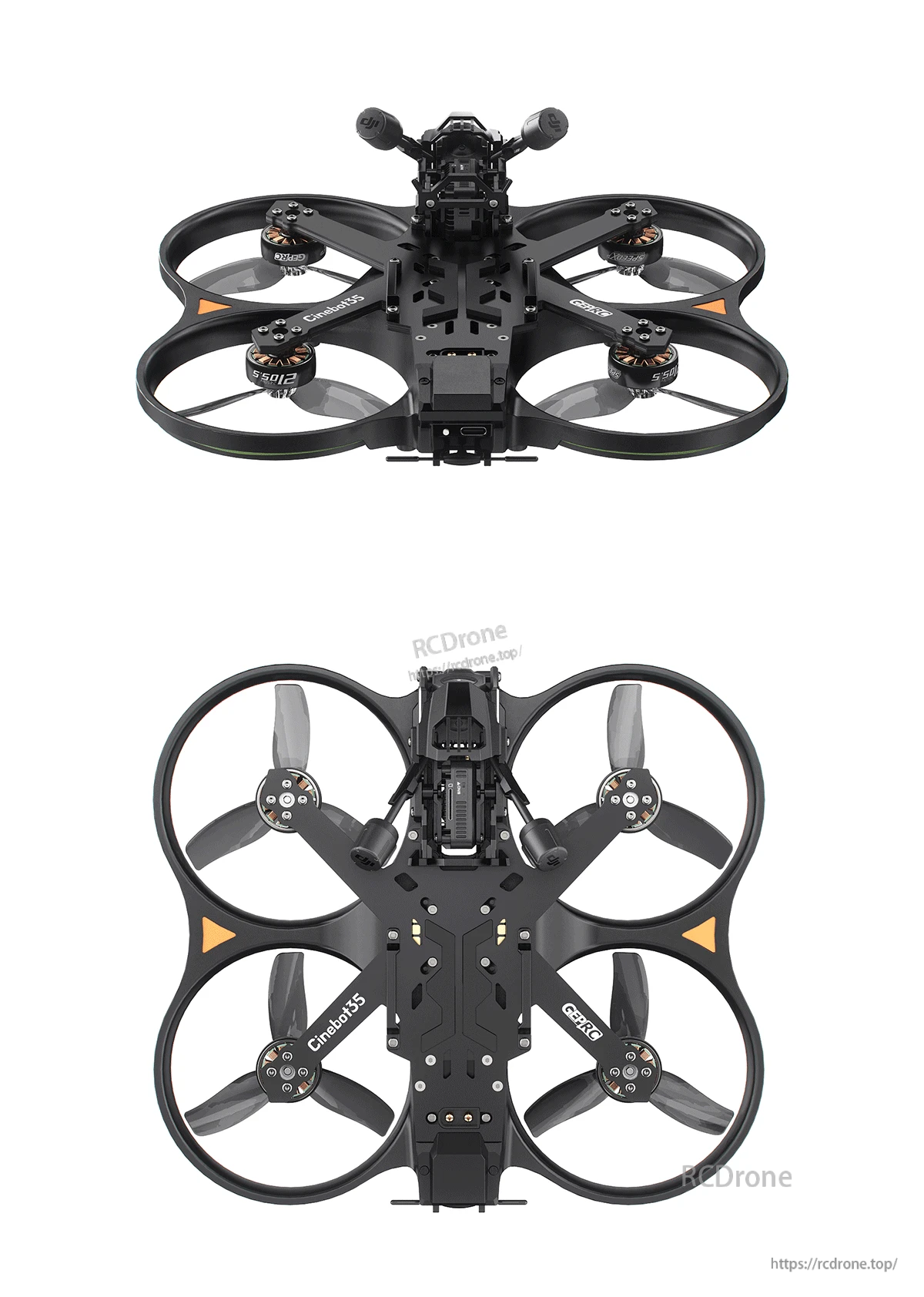GEPRC Cinebot35 O4 Pro ducted FPV quadcopter with four prop guards, motors, camera mount and underside frame view