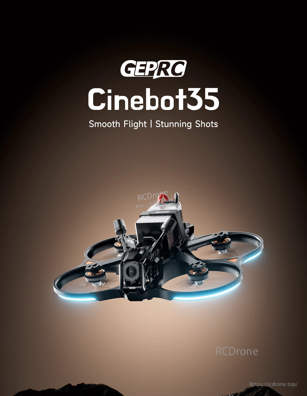 GEPRC Cinebot35 O4 Pro ducted FPV quadcopter with front camera module and illuminated propeller ducts