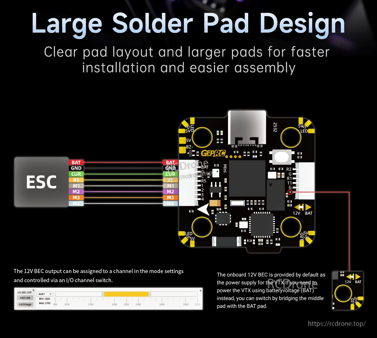 Cinebot35 flight controller board layout with large solder pads and labeled ESC motor connections