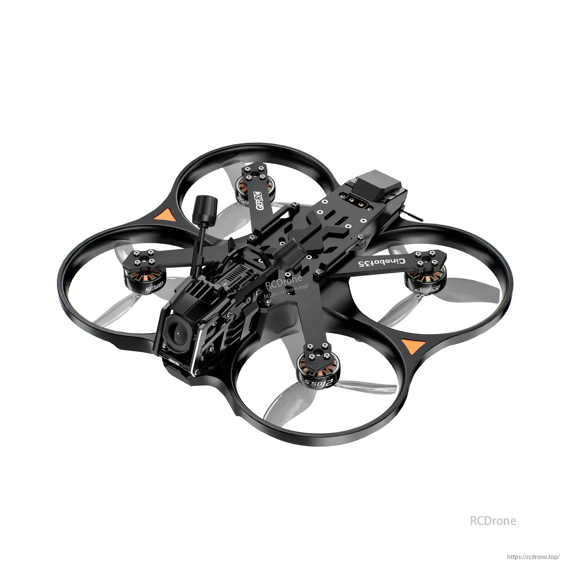 GEPRC Cinebot35 O4 Pro ducted FPV quadcopter with four prop guards, front camera, and top battery mount