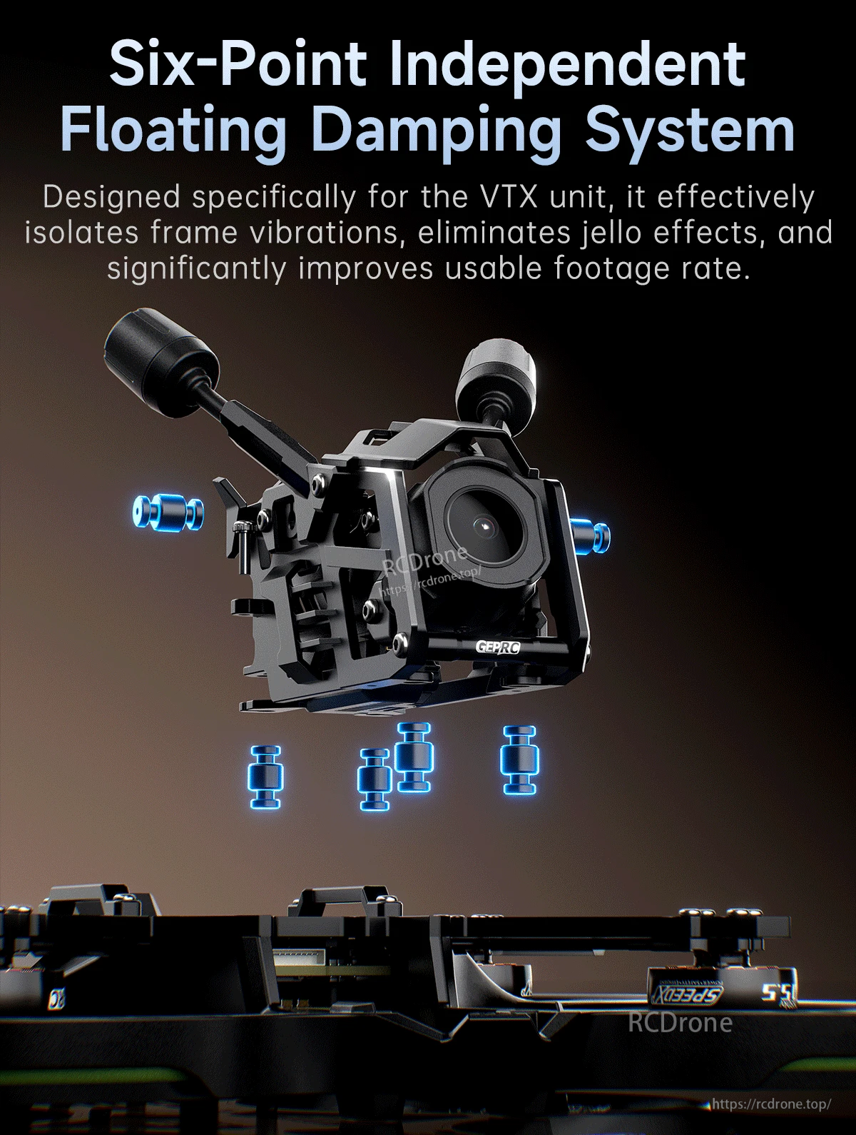 Six-point floating camera module with vibration-damping mounts for the Cinebot35 O4 Pro