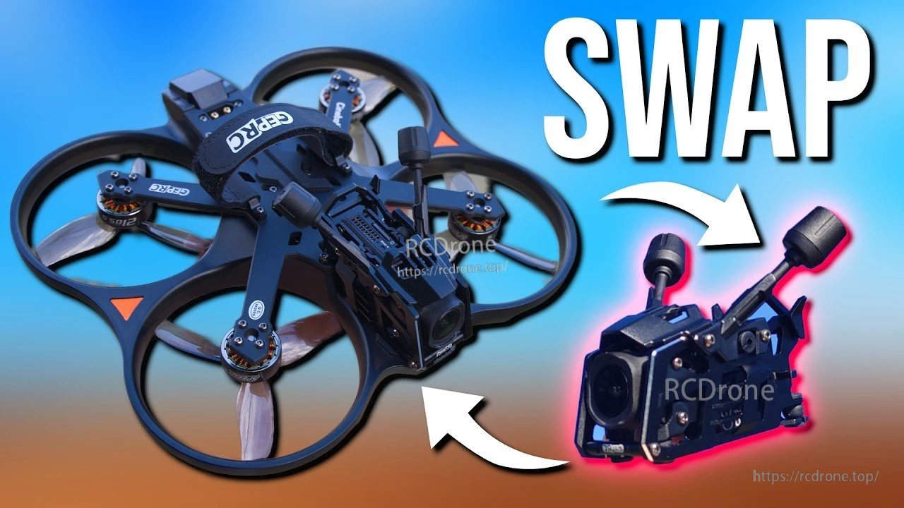 GEPRC Cinebot35 ducted FPV drone beside a radio controller in a controller-swap promotional graphic