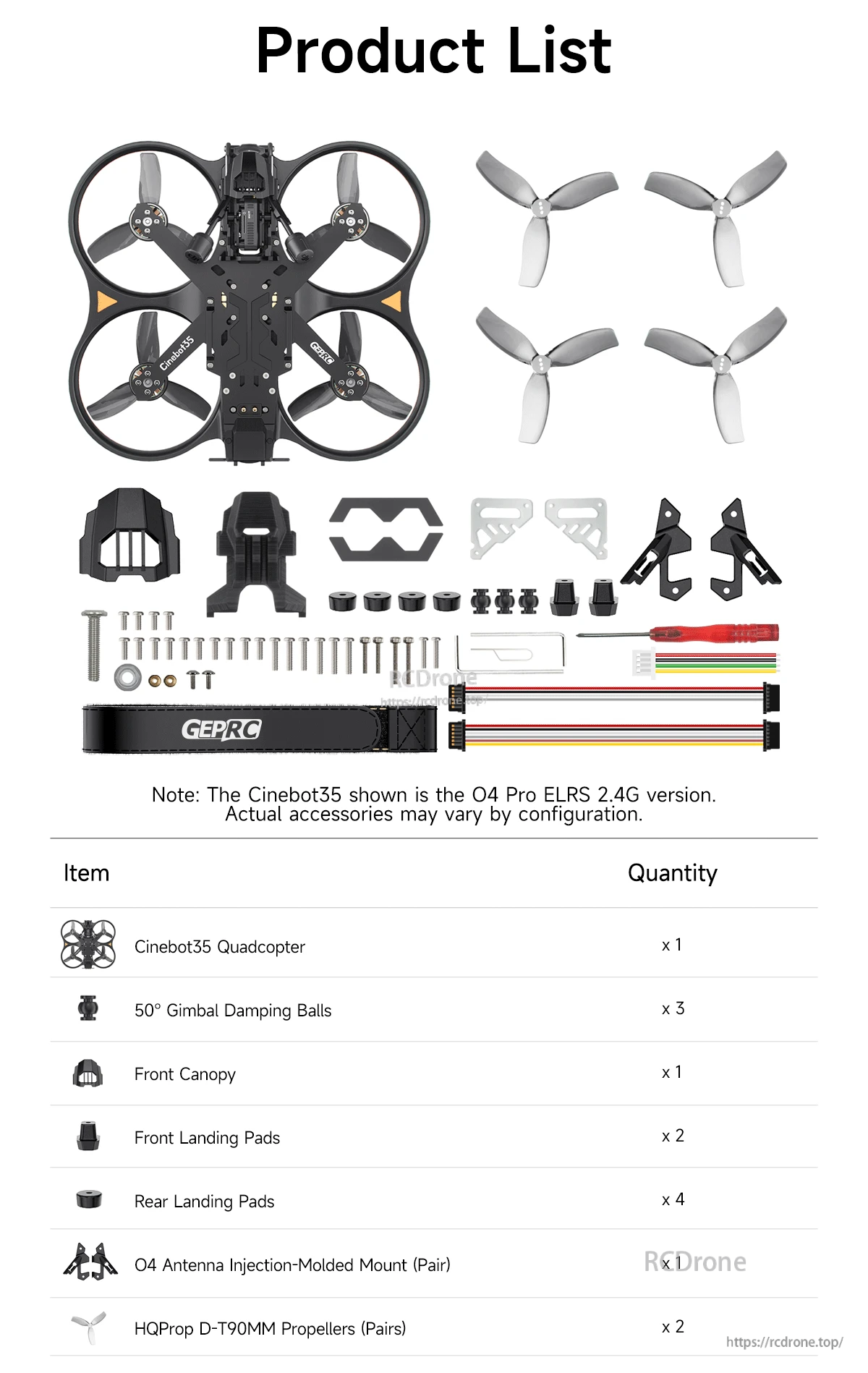 GEPRC Cinebot35 O4 Pro ducted FPV quadcopter product list with spare propellers, landing gear, hardware and straps