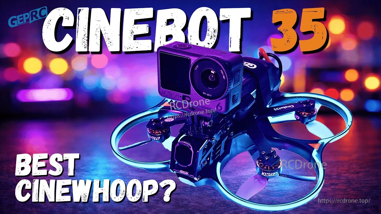 Cinebot35 cinewhoop-style ducted FPV drone with an action camera mounted above the front camera