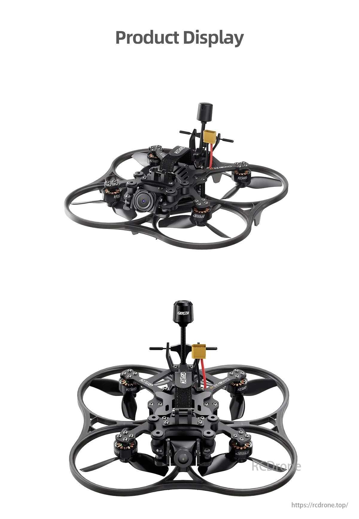 GEPRC Cinelog30 V2 FPV Drone, GEPRC Cinelog30 V2 drone, 124mm wheelbase, with motors, propellers, and camera shown in top and bottom views.