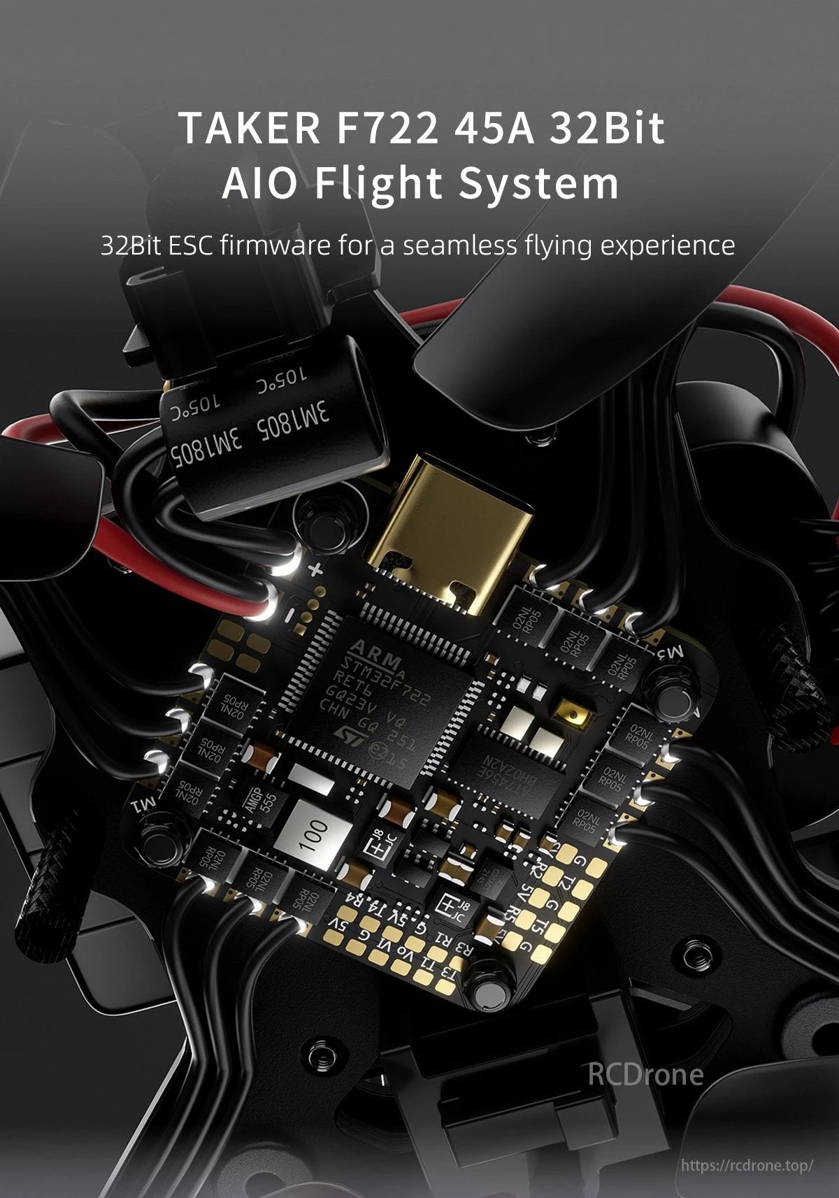 GEPRC Cinelog30 V2 FPV Drone with TAKER F722 45A Flight System, STM32F722 microcontroller, 32Bit ESC firmware, and connectors for a seamless flying experience.