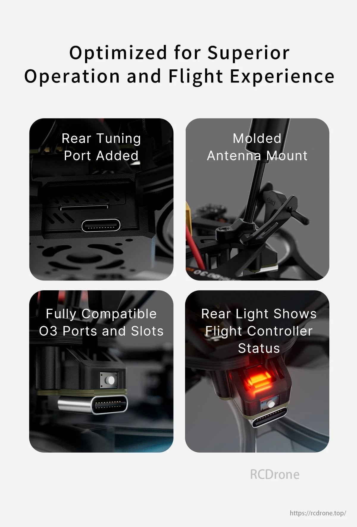 GEPRC Cinelog30 V2 FPV Drone, Rear tuning port, antenna mount, O3 compatibility, and status light for optimized flight controller operation.