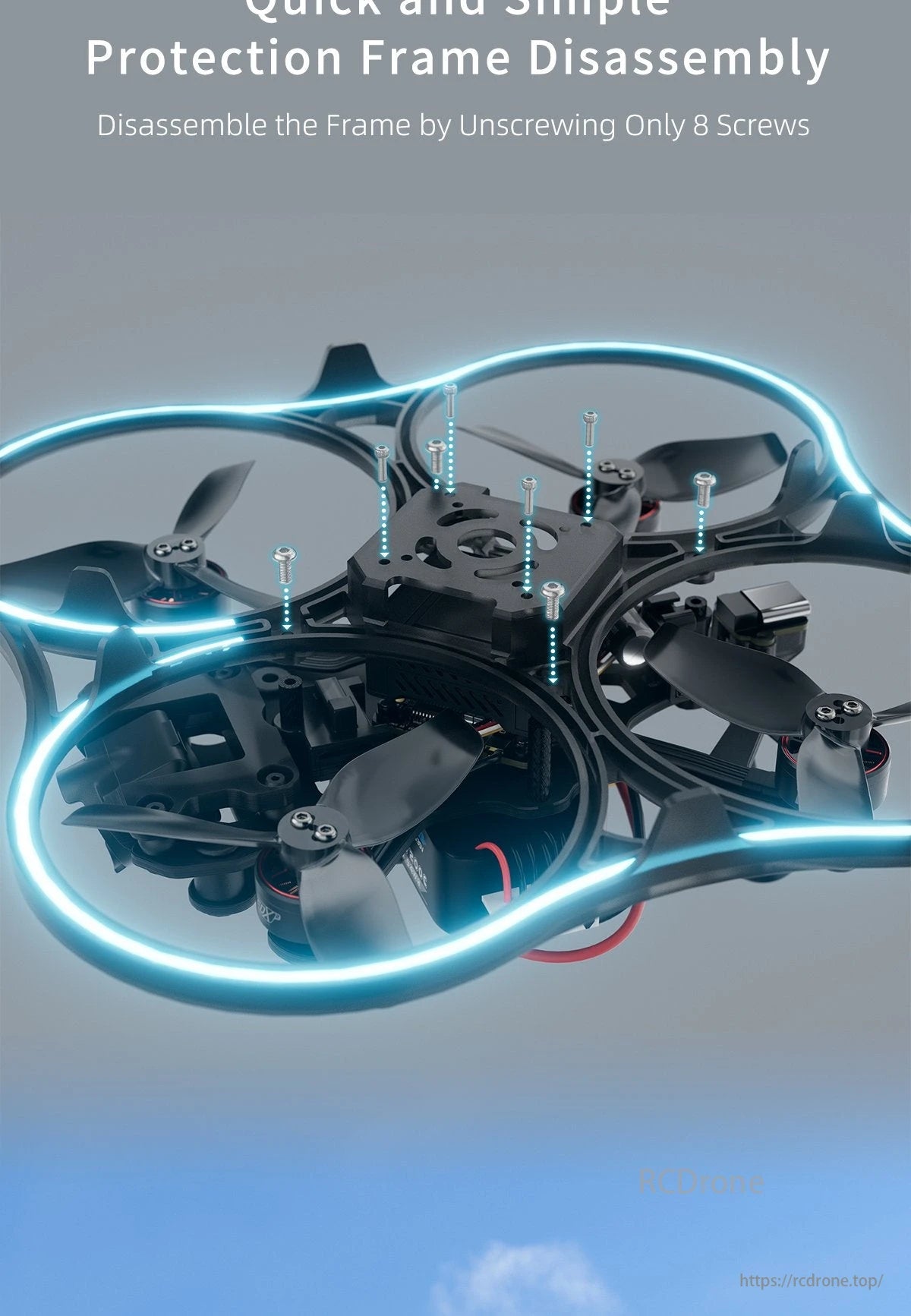 GEPRC Cinelog30 V2 WTFPV, A drone featuring easy disassembly with just 8 screws and a sleek blue neon design.