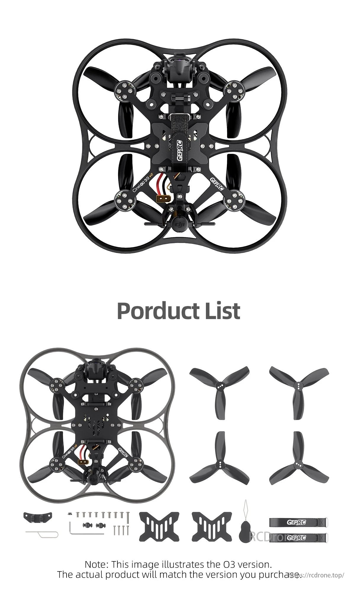 GEPRC Cinelog30 V2 WTFPV, GEPRC Cinelog30 V2 FPV drone features 124mm wheelbase, 3-inch props, and comes with shown components/accessories; product matches purchased version.